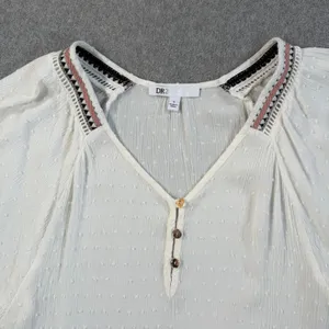 DR2 Women's Small White Swiss Dot Blouse Top V-Neck Embroidered Peasant Boho thumbnail 3