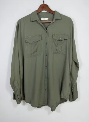 Abercrombie & Fitch Olive Green Oversized Utility Button Down Shirt M thumbnail 1