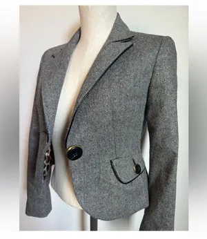 EXPRESS Tweed Blazer Y2K Suit Jacket Black & White Sz O Cropped Fitted thumbnail 3