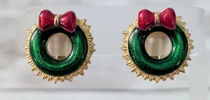 Vintage Clip On Earrings Statement Christmas Wreath Pretty 7/8" thumbnail 1