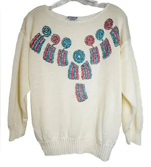Vintage Kenneth Too‎ Ivory Aztec Pullover Sweater Turquoise Embellished Sz S/M thumbnail 1