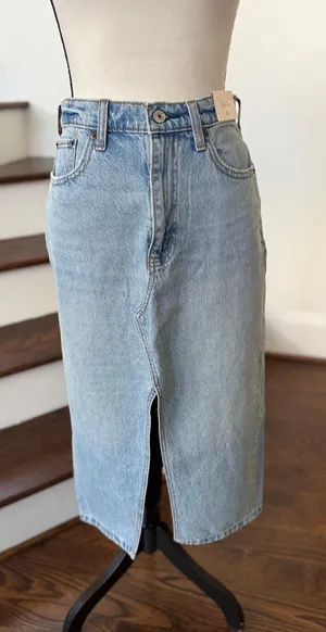 NWT Abercrombie Light Wash Denim High Waisted Slit Midi Skirt Western 90s thumbnail 1