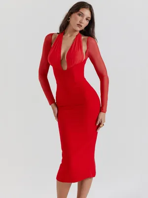 House of CB Yasmin Scarlet Plunge Midi Dress XS thumbnail 6