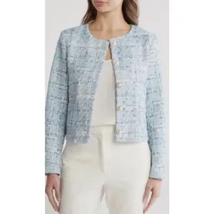 Nanette Lepore Tweed Elegant Blue Women's Pearl Button Blazer Jacket Size Large thumbnail 2