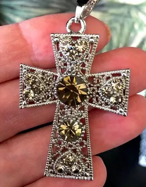 Cross Pendant Silver-tone Filigree With Amber Crystal Stones thumbnail 1