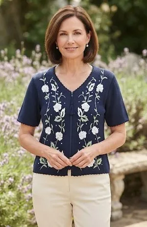 Worthington Vintage Navy Blue Floral Embroidered Zip Up Tassel Cardigan Large thumbnail 1