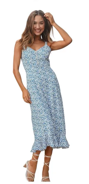 Lulus Darling Daisies Dress M Medium NWT Blue Ditsy Daisy Floral Ruffle Midi NEW thumbnail 1