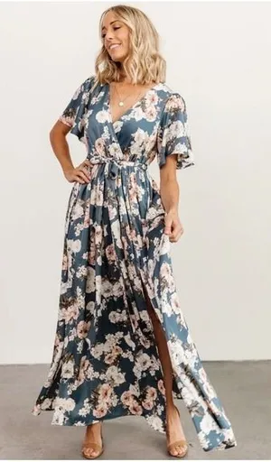 Baltic Born Dusty Blue Floral Maxi Dress V-Neck Flutter Sleeve Wedding Guest M thumbnail 1