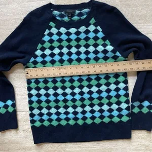 J Crew‎ Women Argyle Crewneck 100% Lambs Wool Sweater Y2K Preppy S Blue Green thumbnail 4
