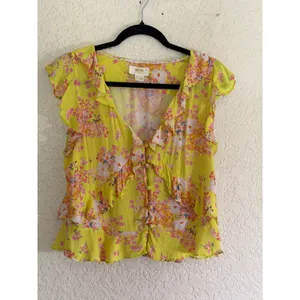 Maeve Anthropologie Ashlee Ruffled Blouse‎ 12 Yellow Floral V-Neck Sleeveless thumbnail 11