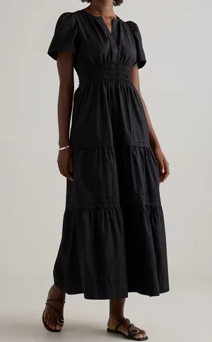 NWT Quince Women’s 100% Organic Cotton Poplin Tiered Maxi Dress Black Sz L thumbnail 1