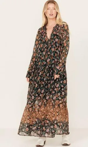 NWT FREE PEOPLE WOMEN'S SEE IT THROUGH FLORAL LONG SLEEVE MAXI DRESS Medium F11 thumbnail 1