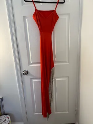 Red Strappy Cutout Evening Dress with Fringe thumbnail 8