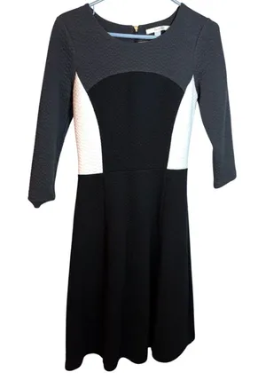Boden Black White Colorblock Quilted Textured Fit & Flare Dress 3/4 Sleeve 4 thumbnail 1