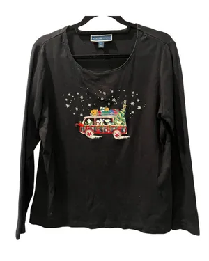 Karen Scott Christmas Top Large L Black Long Sleeve Dog Van Whimsical Snowflakes thumbnail 1
