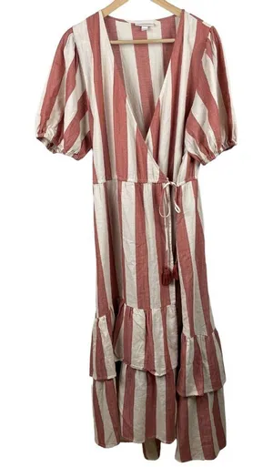Knox Rose Wrap Dress L Maxi V-Neck Striped Cream‎ Brick Tiered Short Puff Sleeve thumbnail 1
