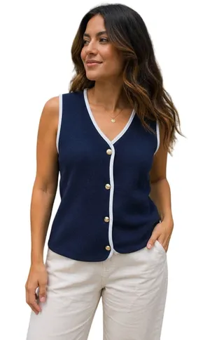 Bailey/44 Navy‎ Blue White Contrast Trim Sweater Vest Gold Crest Buttons Size M thumbnail 1