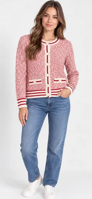 Vintage E-Land Club Marled Knit Cardigan Womens M Red White Button Front Varsity thumbnail 1