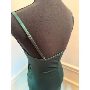 Emerald Green Satin Surplice Midi Dress with Slit Jewel Tone Wedding Guest thumbnail 8