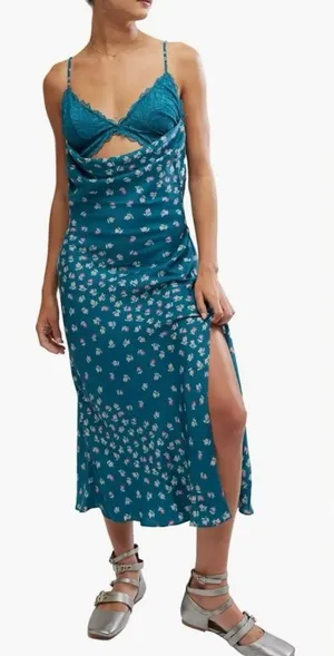 NWOT Free People Gossamer Glow Floral Print Cutout Lace Trim Nightgown Sz L thumbnail 1