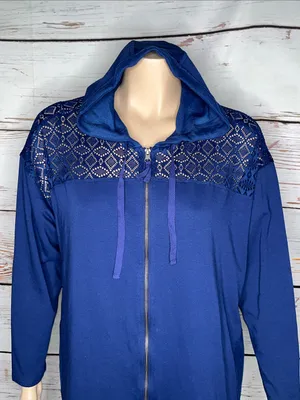 LOGO Lounge Lori Goldstein 2X Blue - Eyelet Lace Zip Front Knit Jacket w/ Hood thumbnail 6