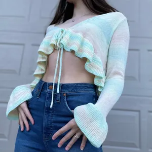 SHEIN Pastel Rainbow Y2K Aesthetic Cropped Open Knit Festival Sweater Size Small thumbnail 2