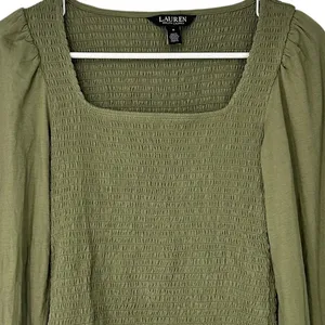 M Olive M Top Green Ralph Lauren Black Label Smocked Jersey Blouson Blouse thumbnail 5