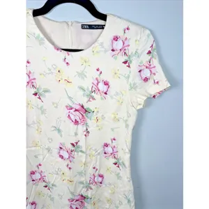 Zara Medium Dress Womens Floral Short Sleeve 90s Style‎ Yellow Pink Roses Lined thumbnail 8