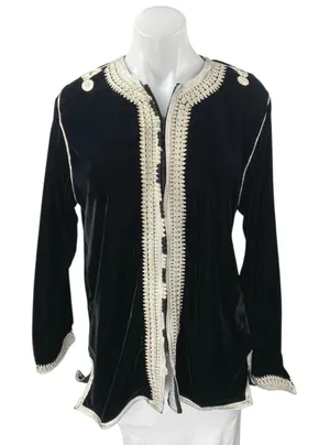 Women's Black Velvet Velour Moroccan Long Sleeve Embroidered Zip Up Blouse Top M thumbnail 1