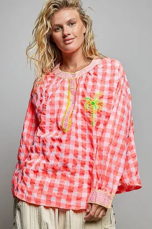 POL Gingham Embroidered Palm Tree Blouse - Pink - Medium thumbnail 1
