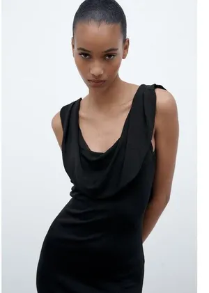 Zara Cowl Neck Black Knit Maxi Dress Small Low Back Resort Wear Minimalist thumbnail 3