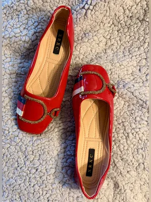 XRXC Red Patent Leather Square Toe Ballet Flats Rhinestone Buckle. thumbnail 2