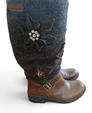 Bronx Vinyage Womans Two-Tone Brown Leather and Charcoal Felt Embellished Boots thumbnail 1
