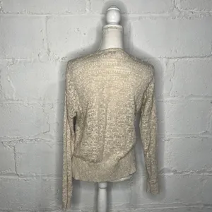 Loft Women’s Cotton Linen Beige Open Front Pointelle‎ Cardigan Sweater Medium thumbnail 3
