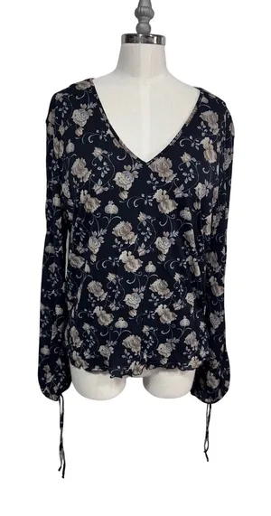 Old Navy XXL Black Floral‎ V-Neck Top Women's Long Sleeve Cinch Cuff thumbnail 1