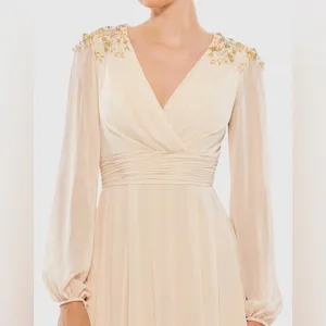MAC DUGGAL Beige Embellished Shoulder Blouson Sleeve Evening Gown Size 8 thumbnail 2