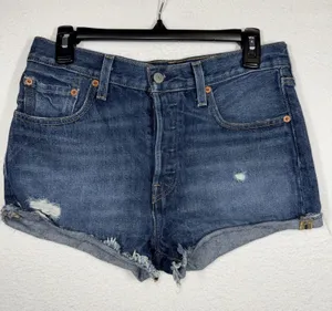 Levis 501 Premium Shorts Womens 28 Blue High Rise Distressed Cutoff Denim thumbnail 1