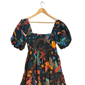 Farm Rio Zodiac Print Black Puff Sleeve Square Neck Babydoll Mini Dress Size M thumbnail 12