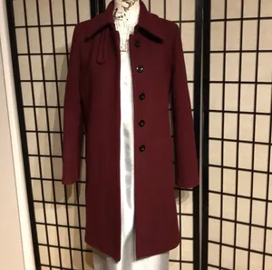 ✈️Loft Wool Preppy long Mock Pencil Bodice wine burgundy solid minimalist button coat thumbnail 3