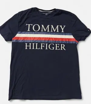 Tommy Hilfiger Men’s Large Navy Logo Graphic Stripe Short Sleeve T-Shirt thumbnail 1