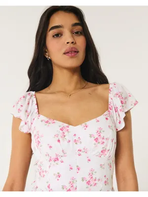 (C143) Hollister Pink White Floral Midi Dress XXL Petite V-Neck Flutter Sleeve thumbnail 3
