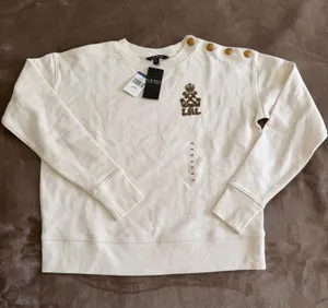 Lauren Ralph Lauren Women’s White Sweater Gold Button Beaded Logo NWT XS thumbnail 1