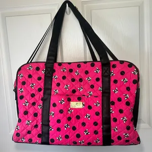 Betsey‎ Johnson Pink French Bulldog Polka Dot Quilted Duffel Bag Weekend Travel thumbnail 1
