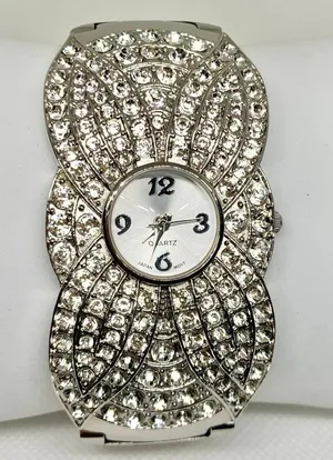 Silver tone women’s cuff bracelet watch 35mm quartz analog rhinestones 7.5” runs thumbnail 1
