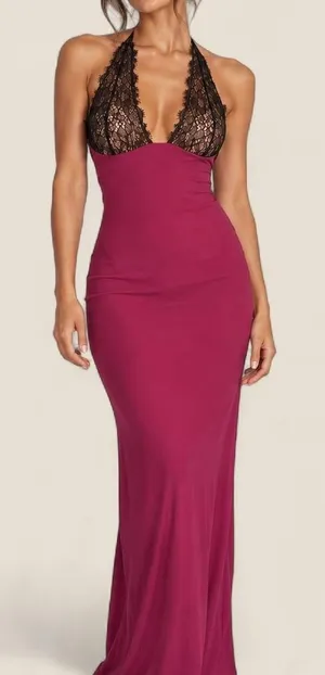 White Fox wine Burgundy Lace Halter Maxi Gown Open Back Formal Dress xl thumbnail 1