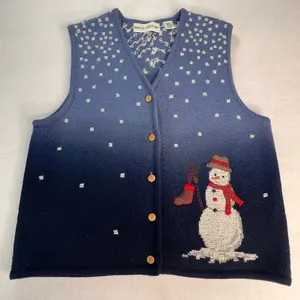 Vintage Marisa Christina 100%‎ Wool Snowman Winter Sweater Vest Blue Womens Med thumbnail 1