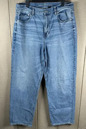 American Eagle Baggy Straight Jeans Womens 14 Blue Studded Super High Rise Denim thumbnail 1