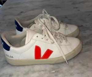 Veja White Leather Sneakers with Red V and Navy Heel thumbnail 1