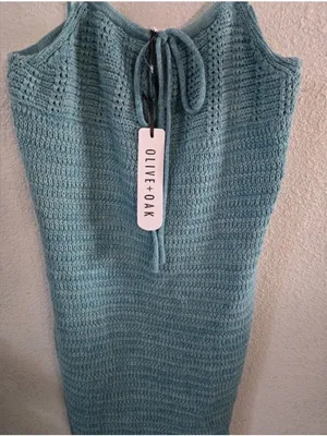 Olive + Oak Sz M Crochet Knit Mini Dress Marled Turquoise Tie Front Lined NWT thumbnail 2