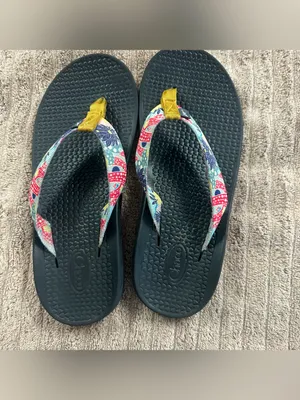 Chaco Women's Black Flip Flops with Floral Straps and Mustard Toe Post SZ:9 thumbnail 2